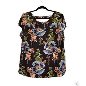 Loft Black & Multicolor Floral Print Ruffle Sleeve Open Back Blouse, size S